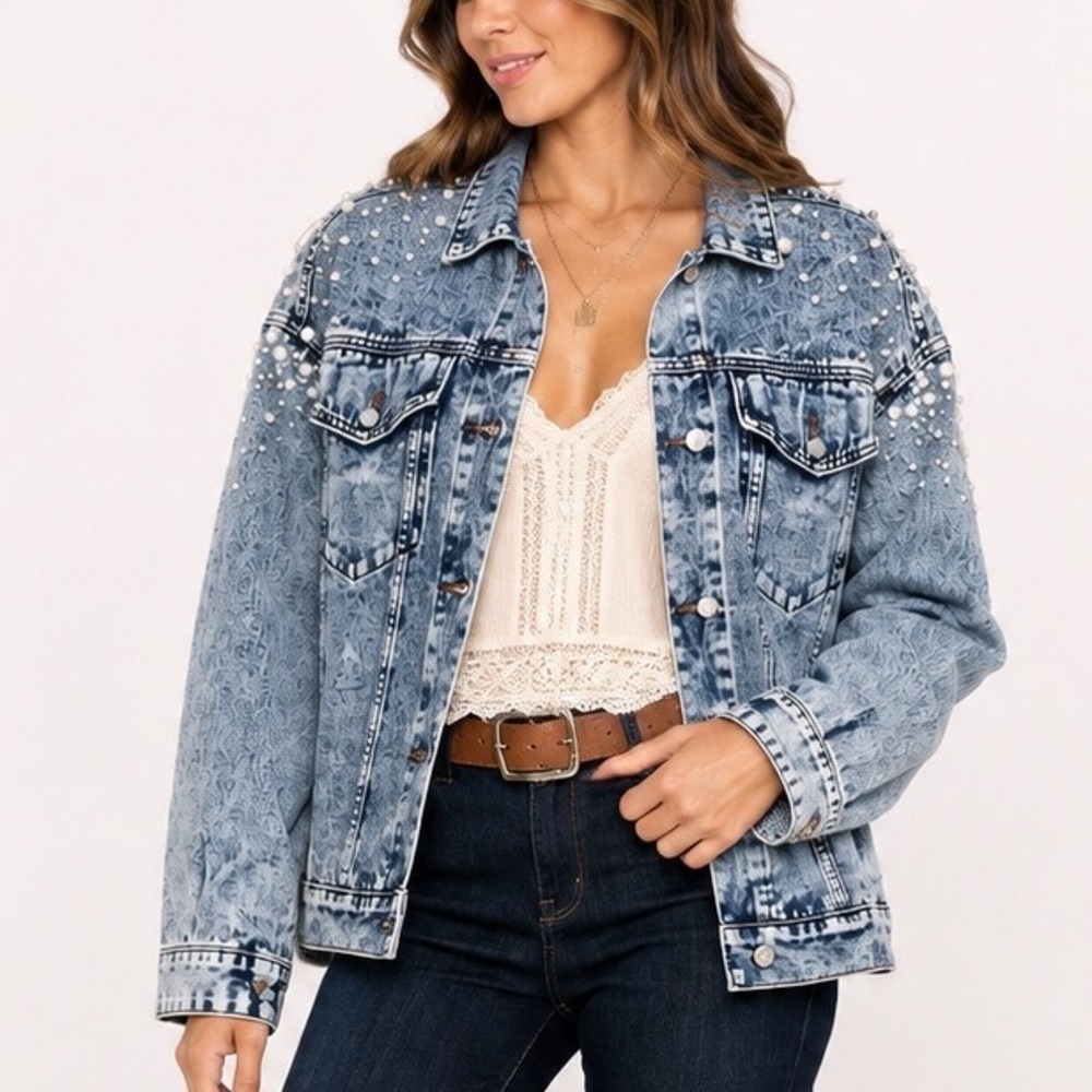 Carole Christian Womens Acid Wash Denim Jacket Pearl Rhinestone Embellished Md